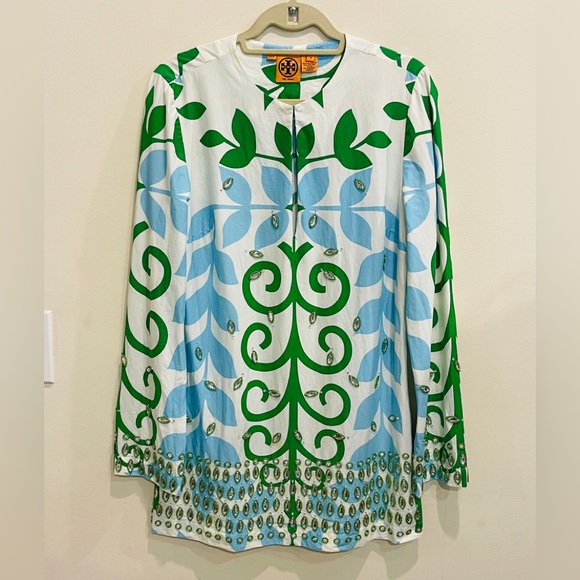 Rare Tory Burch Blue and Green Mirrored Tunic Blouse Top - Picture 1 of 16
